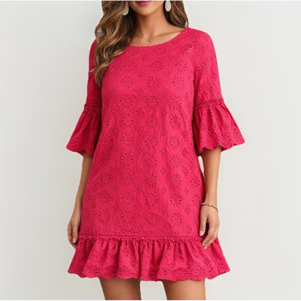 Anthropologie Dani Lace Eyelet Shift Dress M 8 Pink Boho Preppy Beach Resortwear